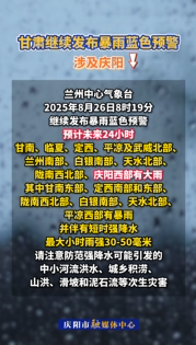 甘肅繼續發布暴雨藍色預警，涉及慶陽→