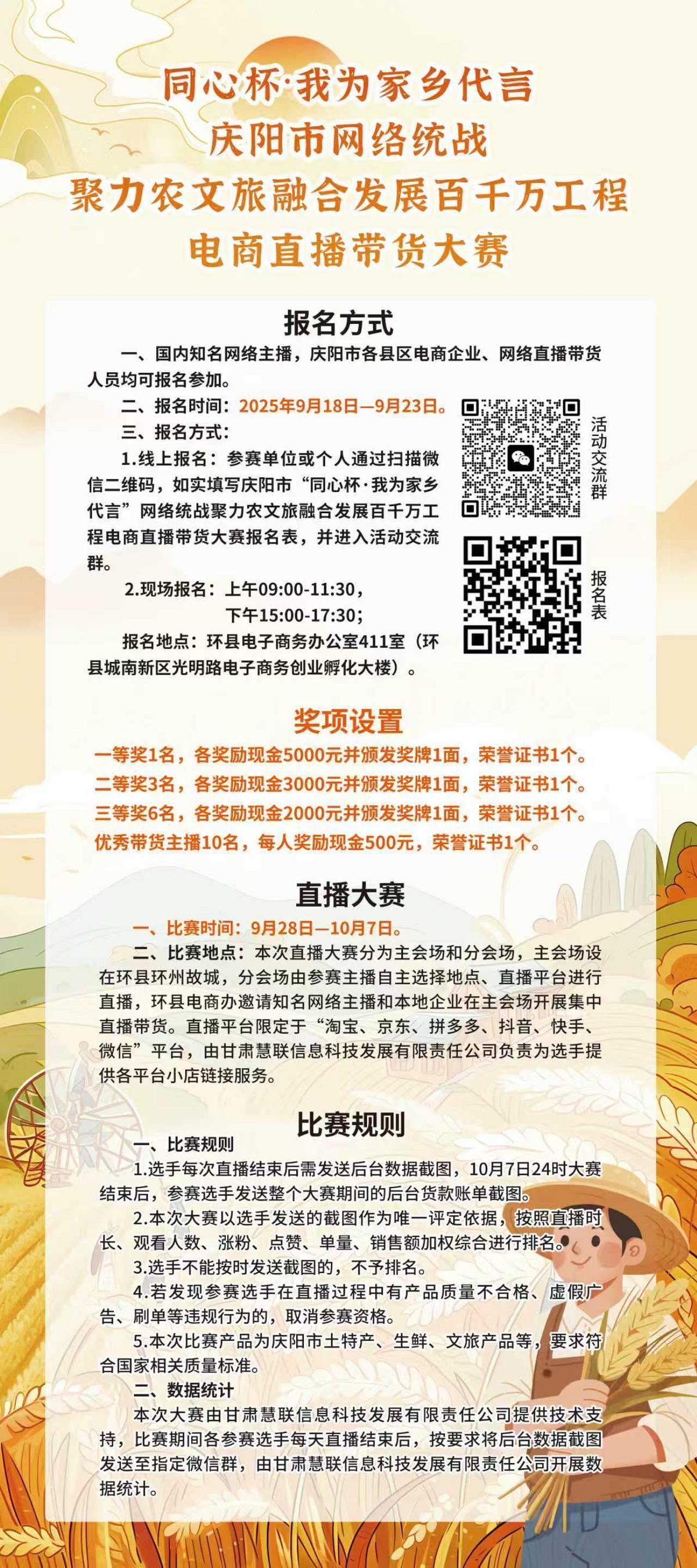 【微海報】“同心杯·我為家鄉(xiāng)代言”慶陽市網(wǎng)絡(luò)統(tǒng)戰(zhàn)聚力農(nóng)文旅融合發(fā)展百千萬工程電商直播帶貨大賽